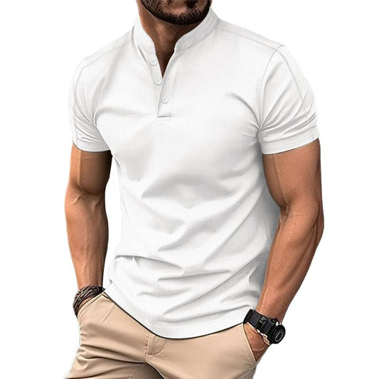【24-hour shipping out】 Men's Casual Stand Collar Waffle Slim Fit Short Sleeve T-Shirt 21454794M
