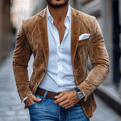 【24-hour shipping out】Men's Fashion Solid Suede Notch Lapel Two Buttons Casual Blazer 01543684Z