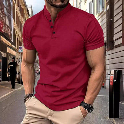 【24-hour shipping out】 Men's Casual Stand Collar Waffle Slim Fit Short Sleeve T-Shirt 21454794M