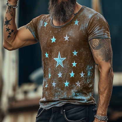 【24-hour shipping out】Men's Retro Casual Star Universe Printed Round Neck Short Sleeve T-Shirt MTA2112C7TO