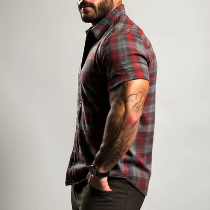 【24-hour shipping out】Men's Retro Casual Plaid Print Lapel Short Sleeve Shirt MTA1782C7TO