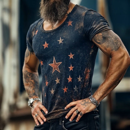 【24-hour shipping out】Men's Retro Casual Star Universe Printed Round Neck Short Sleeve T-Shirt MTA2112C7TO