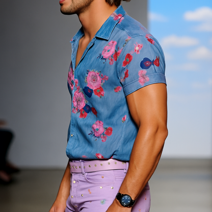 【24-hour shipping out】Men's Retro Casual Mesh Printed Floral Lapel Short Sleeve Shirt MTA1435D2TO
