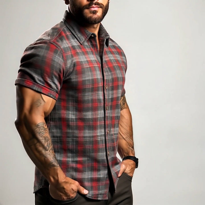 【24-hour shipping out】Men's Retro Casual Plaid Print Lapel Short Sleeve Shirt MTA1782C7TO